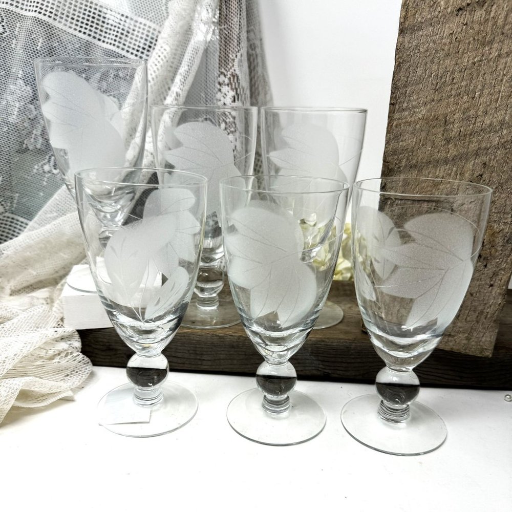McBride Juice Liquor Glasses 6.5" Ball Stem Frosted Leaves 6 pc